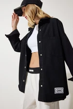 Happiness İstanbul Women's Black Oversize Gabardine Jacket with Pockets