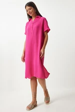 Happiness İstanbul Women's Dark Pink Polo Neck Summer Loose Muslin Dress