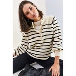 Bianco Lucci Women's Buttonhole Turtleneck Striped Knitwear Sweater