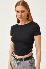 Olalook Women's Black Gathered Side Soft Button Crop T-Shirt