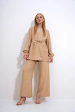 Trend Alaçatı Stili Women's Beige Crew Neck Self-Belt Palazzo Trousers Tunic Suit