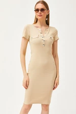 Olalook Women's Beige Metal Fly Accessory Pocket Lycra Mini Cotton Dress