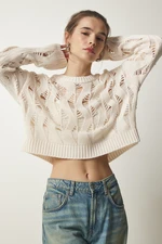 Happiness İstanbul Women's Cream Ripped Detailed Openwork Crop Knitwear