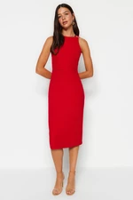 Trendyol Red Fitted Midi Pencil Skirt Woven Dress with Accessory Detail on the Collar