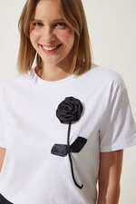 Happiness İstanbul Women's White Flower Detailed Cotton Oversize T-Shirt