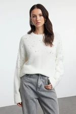 Trendyol Ecru Soft Texture Stone Embroidered Knitwear Sweater