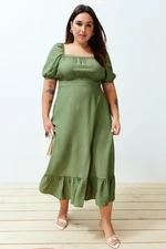 Trendyol Curve Khaki Square Neck Balloon Sleeve Woven Dress