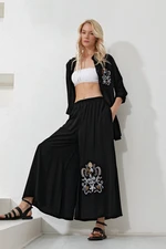 Trend Alaçatı Stili Women's Black Back and Front Embroidered Long Shirt and Loose Trousers Set