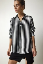 Happiness İstanbul Women's Black Ecru Striped Viscose Shirt