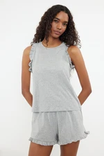 Trendyol Grey Melange 100% Cotton Ruffle Detailed Knitted Pajama Set