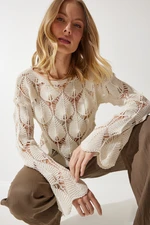 Happiness İstanbul Women's Cream Openwork Crop Knitwear Blouse