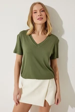 Happiness İstanbul Women's Khaki V-Neck Basic Viscose Knitted T-Shirt