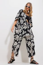 Trend Alaçatı Stili Women's Black Palazzo Pants And Patterned Woven Viscose Kimono Suit