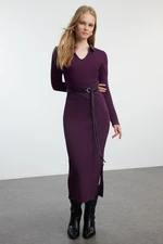 Trendyol Plum Straight Polo Neck Bodycone/Fitting Midi Knitted Dress