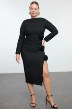 Trendyol Curve Black Boat Neck Maxi Slit Rose Woven Plus Size Dress