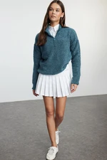 Trendyol Blue Boucle Yarn Zippered High Collar Knitwear Sweater