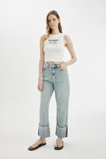 DEFACTO Straight Fit High Waist Folded Leg Ankle Length Jean Washed Trousers