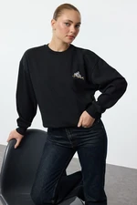 Trendyol Black Animal Embroidered Regular/Normal Pattern Thick Polar Fleece Knitted Sweatshirt