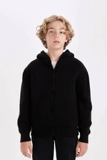 DEFACTO Boy Basic Knitwear Polar Fleece Lined Hooded Zippered Black School Cardigan U4282a624au