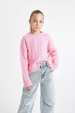 DEFACTO Girl Light Pink Crew Neck Hair Knitted Sweater