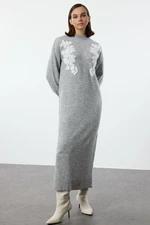 Trendyol Gray Stand Collar Jacquard Patterned Knit Dress