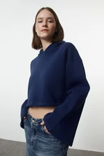 Trendyol Navy Blue Thick Fleece Inside Relaxed Cut Crop Spanish Sleeve Hooded Knitted Sweatshirt