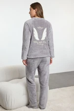 Trendyol Gray Back Embroidery Detailed Wellsoft Winter Knitted Pajamas Set