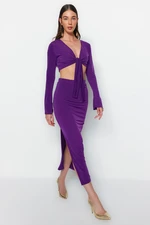 Trendyol Purple Tie Detailed Super Crop and Midi Stretchy Knitted Bottom-Top Set