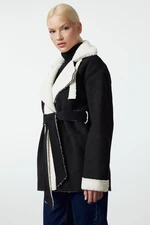 Trendyol Black Oversize Belted Plush Detailed Suede Coat