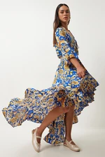 Happiness İstanbul Women's Blue Yellow Patterned Asymmetrical Summer Long Viscose Dress