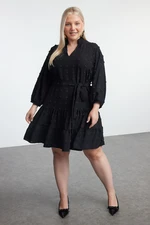 Trendyol Curve Black V Neck Balloon Sleeve Belted Pompom Woven Mini Plus Size Dress