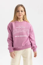 DEFACTO Girl's Printed Crew Neck Thick Sweatshirt with Soft Furry Inside