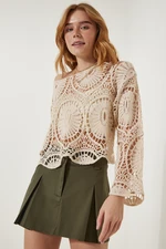 Happiness İstanbul Women's Cream Lace Knit Seasonal Knitwear Blouse