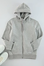 Trendyol Grey Melange Regular Fit Hooded Zippered Label Applique Thick Sweatshirt