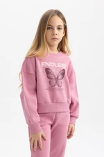 DEFACTO Girl's Relax Fit Crew Neck Printed Thick Sweatshirt