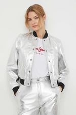 Kožená bunda bomber Pepe Jeans SELENA dámska, strieborná farba, prechodná, PL402325