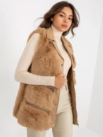 Women's camel vest made of eco-leather with fur