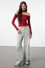 Trendyol Burgundy Carmen Collar Choker Detailed Fitted Crop Ribbed Knitted Blouse