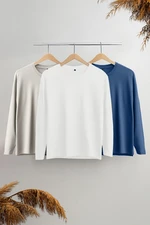 Trendyol Stone-Ecru-Indigo Slim Fit Crew Neck Plus Size 3 Pack T-shirt