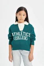 DEFACTO Girls Polo Neck Text Printed Knitwear Sweater