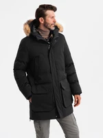 Ombre Men's long parka jacket with flared bottom - black