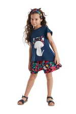 Denokids Floral Cat Girl's Navy Blue Summer T-shirt Poplin Shorts Set