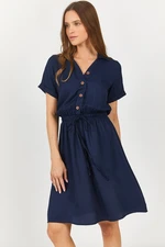 armonika Women's Navy Blue Elastic Waist Short Sleeve Shirt Dress