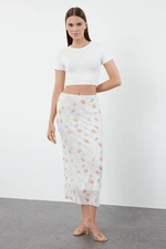 Trendyol Ecru Waist Detailed Printed Flexible Tulle Maxi Knitted Skirt