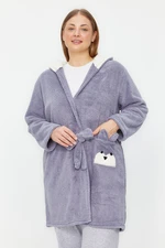 Trendyol Curve Gray Wellsoft/Plush Animal Figured Pocket Hooded Knitted Dressing Gown