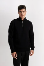 DEFACTO Black Standard Fit Regular Cut Bato Collar Zippered Basic Plain Knitwear Sweater