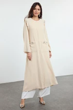 Trendyol Beige Crepe Embroidery Detailed Belted Woven Cape & Abaya