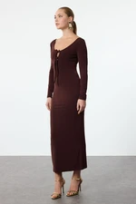 Trendyol Brown Body-Sit Knitted Long Dress with Tie Detail at Chest