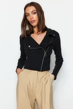 Trendyol Black Ribbed Zipper Detail Fitted/Sleeping Crop Stretch Knit Jacket