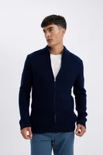 DEFACTO Navy Blue Standard Fit Regular Cut Half Turtleneck Zippered Knitwear Cardigan